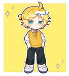  1boy :< alternate_costume black_pants blue_eyes blush border closed_mouth deformed full_body hands_in_pockets jitome kagamine_len male_focus mizunidoufu necktie outline outside_border pants ponytail school_uniform shirt shoes short_hair short_ponytail solo sparkle standing sweater_vest uwabaki vest vocaloid white_border white_outline white_shirt yellow_background yellow_necktie yellow_vest 