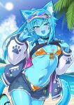  1girl :d animal_ears beach bikini bikini_bottom_under_shorts bikini_under_clothes black_sports_bra blue_eyes blue_hair blue_skin blush breasts cat_ears cat_girl cat_tail clothes_lift collar collarbone colored_skin commentary_request cowboy_shot crop_top cutoffs day denim denim_shorts eyewear_on_headwear fang front-tie_bikini_top front-tie_top gold_bikini high_ponytail highres jacket jacket_partially_removed long_hair long_sleeves looking_at_viewer monster_girl navel open_clothes open_fly open_jacket open_mouth original outdoors ponytail short_shorts shorts slime_girl slime_kemomimi_(ug_(nekonekodou)) small_breasts smile solo sports_bra sports_bra_lift swimsuit tail textless_version ug_(nekonekodou) v variant_set visor_cap 