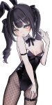  1girl :o absurdres animal_ears arm_strap black_hair black_leotard black_pantyhose black_ribbon breasts commentary_request detached_collar fake_animal_ears fishnet_pantyhose fishnets grey_eyes hair_ribbon highres kurobe_nanoka leotard long_hair mahou_shoujo_no_majo_saiban mochimochio neck_ribbon pantyhose playboy_bunny rabbit_ears ribbon simple_background small_breasts solo thigh_strap twintails white_background 