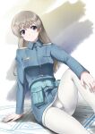  1girl absurdres blue_eyes breasts buttons closed_mouth commentary_request eila_ilmatar_juutilainen highres large_breasts long_hair memory_(prophet5) military_uniform no_pants panties panties_under_pantyhose pantyhose revision simple_background solo strike_witches strike_witches:_road_to_berlin underwear white_hair white_pantyhose world_witches_series 