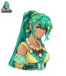  1girl absurdres bare_shoulders breasts collarbone commentary cropped_torso dark-skinned_female dark_skin detached_sleeves english_commentary esmeralda_(fire_emblem) fire_emblem fire_emblem:_fortune's_weave green_eyes high_ponytail highres jewelry kryomax long_hair medium_breasts necklace official_art_inset open_mouth parted_lips ponytail reference_inset short_sleeves solo sparkle upper_body very_long_hair white_background 