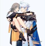  1boy 1girl ankle_boots black_boots black_jacket black_skirt blue_eyes boots carrying carrying_person commentary_request couple from_side grey_hair happy hetero highres honkai:_star_rail honkai_(series) jacket looking_at_another medium_hair phainon_(honkai:_star_rail) princess_carry sb_(sbixinsky) short_hair skirt smile stelle_(honkai:_star_rail) trailblazer_(honkai:_star_rail) white_hair yellow_eyes 
