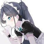  1boy 1girl alternate_costume apron aris_(blue_archive) aris_(maid)_(blue_archive) black_dress black_hair blue_archive blue_eyes commentary_request dress erection fellatio hetero highres invisible_penis leaning_forward light_blush long_hair maid maid_apron maid_headdress oral ponytail short_sleeves solo_focus sweatdrop tongue tongue_out torikurashi white_apron white_background 