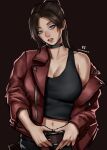  1girl absurdres any_emu_7725 artist_logo asymmetrical_sidelocks bare_shoulders belt black_choker black_pants black_tank_top blue_eyes breasts brown_background brown_belt brown_hair choker claire_redfield cleavage collarbone commentary hand_on_belt head_tilt high_ponytail highres jacket jacket_partially_removed large_breasts leather leather_jacket lips lipstick logo long_hair long_sleeves looking_at_viewer makeup midriff navel open_clothes open_jacket pants parted_lips ponytail red_jacket red_lips resident_evil resident_evil_-_code:_veronica resident_evil_veronica sidelocks signature simple_background single_bare_shoulder solo tank_top twitter_username upper_body zipper 