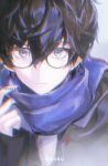  1boy :| absurdres amamiya_ren black-framed_eyewear black_hair black_jacket blue_scarf chidian_chidian chromatic_aberration closed_mouth commentary expressionless grey_background grey_eyes hair_between_eyes highres jacket light_particles looking_at_viewer male_focus persona persona_5 scarf shirt simple_background sleeves_past_wrists solo tsurime untranslatable_commentary upper_body white_shirt 
