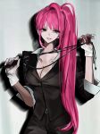  1girl absurdres alien_stage alternate_hairstyle black_jacket black_pants black_suit blood blood_on_hand breasts brown_eyes cleavage cowboy_shot danggouyaosini gloves high_side_ponytail highres holding holding_whip jacket long_hair looking_to_the_side mizi_(alien_stage) mizi_(zombie_stage) official_alternate_costume pants pink_hair shadow side_ponytail solo suit suit_jacket very_long_hair whip zombie_stage 