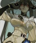  1girl absurdres belt biting_own_lip black_belt black_gloves black_hair blue_hair blush bow breasts bright_pupils claws cleavage colored_inner_hair demon_girl demon_horns dress elbow_gloves fangs flower gloves hand_in_own_hair hat highres honkai:_star_rail honkai_(series) horns large_breasts long_hair looking_at_viewer mole mole_under_eye mrsw0911 multicolored_hair red_eyes solo the_dahlia_(honkai:_star_rail) white_background white_bow white_dress white_hat 
