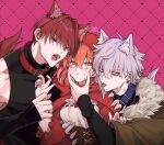  1girl 2boys ahoge animal_collar animal_ears big_bad_wolf big_bad_wolf_(cosplay) cloak collar commentary_request cosplay extra_ears fate/grand_order fate_(series) fujimaru_ritsuka_(female) fur-trimmed_jacket fur_trim hair_intakes harada_sanosuke_(fate) highres hood hood_up hooded_cloak jacket kadoc_zemlupus little_red_riding_hood_(fairy_tale_character) little_red_riding_hood_(fairy_tale_character)_(cosplay) medium_hair multiple_boys nama_(namapigd) orange_eyes orange_hair red_cloak red_hood short_hair tongue tongue_out wolf_boy wolf_ears 