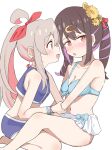  2girls :d absurdres ahoge bare_arms bare_legs bare_shoulders barefoot bikini black_hair blue_bikini blush bow breasts brown_eyes collarbone commentary earrings flower front-tie_bikini_top front-tie_top grey_hair hair_bow hair_flower hair_ornament hairclip highres holding_another's_arm jewelry looking_at_viewer medium_breasts multicolored_hair multiple_girls navel onii-chan_wa_oshimai! open_mouth oyama_mahiro oyama_mihari pink_hair ponytail profile purple_hair red_bow riannn_desu siblings simple_background sisters sitting smile swimsuit twintails two-tone_hair white_background yuri 