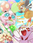  balloon basket blue_eyes blush_stickers bow bowtie bright_pupils commentary_request easter food food_on_face happy holding holding_basket jigglypuff jigglypuff_(balloon_bouquet) no_humans open_mouth outdoors pokemon pokemon_(creature) pokemon_cafe_remix runachikku scorbunny sparkle starly starly_(egg_basket) togepi white_pupils 