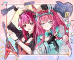  2girls absurdres ahoge animal_ears arknights beamed_eighth_notes black_gloves black_hairband black_jacket black_nails black_necktie blue_hairband blue_nails blue_ribbon blue_shirt bracelet breast_pocket breasts cable commentary demon_girl demon_horns electric_guitar facial_mark fang fingerless_gloves gibson_flying_v gibson_sg gloves gradient_background guitar hair_ribbon hairband halibutttt heart heart_arms heart_arms_duo highres horns instrument jacket jewelry lightning_bolt_facial_mark lightning_bolt_symbol long_hair looking_at_viewer medium_breasts microphone multiple_girls musical_note necktie official_alternate_costume open_clothes open_jacket open_mouth pink_background pocket pointy_ears purple_eyes rabbit_ears rabbit_girl ray_(arknights) ray_(dreaming_high)_(arknights) red_eyes red_hair red_shirt ribbon shirt sidelocks skin_fang smile sparkling_eyes spiked_bracelet spikes torn_clothes torn_jacket untranslatable_commentary vigna_(arknights) vigna_(black_wave)_(arknights) white_jacket wristband 