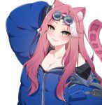  1girl absurdres animal_ear_fluff animal_ears arm_behind_head arm_up blue_jacket breasts canebooo cleavage closed_mouth collarbone commentary cosplay diana_(pragmata) diana_(pragmata)_(cosplay) english_commentary goggles goggles_on_head highres hololive hololive_english jacket long_hair long_sleeves looking_at_viewer medium_breasts multicolored_hair padded_jacket panther_ears panther_girl panther_tail pink_hair pragmata puffy_long_sleeves puffy_sleeves raora_panthera simple_background smile solo streaked_hair tail upper_body virtual_youtuber white_background white_streaks yellow_eyes 