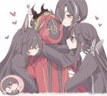  1other 4boys animal_ears arms_around_neck black_hair black_jacket blush butterfly_hair_ornament chibi chibi_inset clock clone_harem closed_eyes commentary cropped_torso dante_(limbus_company) e.g.o_(project_moon) eye_mask grey_eyes hair_ornament half_eye_mask heart heishou_pack-wu_branch_(identity)_(project_moon) horse_ears index_(identity)_(project_moon) jacket limbus_company long_hair marbornath mask multiple_boys necktie object_head project_moon red_jacket red_necktie short_hair simple_background solemn_lament_(e.g.o) speech_bubble tearing_up waving white_background yellow_eyes yi_sang_(project_moon) 