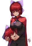  1girl absurdres alternate_costume bow breasts brown_corset brown_dress cape closed_mouth commentary_request corset disembodied_head dress hair_bow highres large_breasts long_sleeves looking_at_viewer necktie purple_bow purple_necktie red_cape red_eyes red_hair sekibanki short_hair signature simple_background smile solo touhou white_background yagoro_kusuriya 