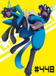  absurdres black_fur blue_fur claws commentary grey_fur highres lucario multicolored_fur pkbunny pokedex_number pokemon pokemon_(creature) red_eyes solo spikes tail 