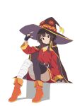  1girl arm_support asymmetrical_legwear belt_collar black_gloves black_thighhighs blunt_bangs boots brown_cape brown_hair cape collar collared_cape commentary_request convenient_leg dot_nose dress fingerless_gloves gloves gold_trim hand_up hat highres invisible_chair kono_subarashii_sekai_ni_shukufuku_wo! looking_at_viewer megumin mismatched_legwear namagomi off-shoulder_dress off_shoulder orange_boots red_dress red_eyes short_hair_with_long_locks single_thighhigh sitting smile solo split_mouth thighhighs white_background witch_hat 