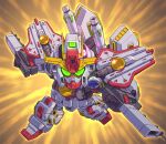  beam_cannon chibi commentary_request energy_gun extra_eyes glowing glowing_eyes green_eyes gun gundam gundam_thunderbolt holding holding_energy_gun holding_gun holding_weapon mecha mecha_focus mobile_suit no_humans pink_eyes robot science_fiction shield solo susagane thunderbolt_gundam v-fin weapon weapon_on_back 