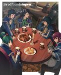  1girl 5boys absurdres ascot black_hair blue_coat blunt_bangs blunt_sidelocks border brick_floor brown_eyes candle candlestand chair coat coat_on_shoulders collared_coat commentary counter cup curly_hair dinner elbow_rest english_commentary eyepatch flynn_(megami_tensei) food gauntlets green_eyes green_hair green_scarf hand_on_own_head hand_on_table high_ponytail highres indoors isabeau_(megami_tensei) jonathan_(megami_tensei) jumpsuit k_(megami_tensei) lapels long_sleeves making-of_available manga_(object) mug multiple_boys navarre_(megami_tensei) on_chair plate pompadour ponytail red_eyes red_hair redfountainpen round_table scarf shin_megami_tensei shin_megami_tensei_iv short_hair short_jumpsuit sidelocks single_gauntlet sitting stool table tankard tavern twitter_username walter_(megami_tensei) white_border white_jumpsuit wooden_table yellow_ascot 