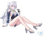  1girl 2026 absurdres arm_support ascot bare_shoulders black_gloves blue_dress breasts clothing_cutout commentary_request dated dress earrings folded_fan folding_fan gloves grey_hair grey_shoes hand_fan highres holding holding_fan invisible_chair jewelry jidijichengren large_breasts long_hair looking_at_viewer mole mole_under_mouth parted_lips pointy_ears purple_eyes shoes shoulder_cutout simple_background sitting solo velina_airgid white_background yellow_ascot zenless_zone_zero 