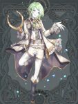  1boy ascot belt belt_pouch black_boots black_coat blonde_streaks blue_gem blue_lips boots brooch clona closed_mouth coat collared_shirt colored_skin commentary_request contrast_collar cropped_vest dairoku_ryouhei earrings fold-over_boots frilled_sleeves frills full_body gem green_ascot green_eyes green_gem green_hair grey_background grey_shirt hook_hand jewelry knee_boots long_sleeves looking_at_viewer male_focus medium_hair multicolored_hair open_clothes open_coat open_hand pantyhose pouch red_gem refraction shirt short_shorts shorts single_earring smile solo standing standing_on_one_leg streaked_hair suspenders tassel tassel_earrings test_tube test_tube_holster two-sided_coat two-sided_fabric vest white_belt white_coat white_pantyhose white_shorts white_skin white_vest 