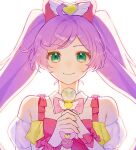  1girl bow bowtie closed_mouth detached_collar green_eyes hair_bow holding holding_microphone long_hair looking_at_viewer magical_girl manaka_laala microphone mizunidoufu off-shoulder_shirt off_shoulder pink_bow pink_bowtie pretty_series pripara purple_hair shirt simple_background smile solo twintails upper_body white_background white_shirt 
