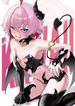  1girl absurdres ahoge amagasa_higashi asymmetrical_gloves bikini black_bikini black_choker black_nails black_thighhighs blue_archive blue_eyes breasts choker commentary_request cosplay demon_girl demon_horns demon_tail demon_wings elbow_gloves fingerless_gloves gloves hair_between_eyes halo heterochromia highres horns hoshino_(blue_archive) hoshino_(first_year)_(blue_archive) huge_ahoge kanoe_(blue_archive) kanoe_(blue_archive)_(cosplay) kanoe_(succubus)_(blue_archive) mismatched_gloves open_mouth pink_hair pink_halo short_hair single_elbow_glove single_horn small_breasts solo sweat swimsuit tail thighhighs wings yellow_eyes 