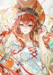  1girl absurdres animal_ears apple arknights breasts brown_eyes eyelashes food fruit hand_up highres horse_ears horse_girl leaf long_hair looking_at_viewer medium_breasts my_little_pony my_little_pony:_friendship_is_magic narantuya_(arknights) narantuya_(honesty_and_sincerity)_(arknights) off-shoulder_shirt off_shoulder official_alternate_costume open_mouth red_hair red_ribbon ribbon shirt smile solo upper_body white_shirt zhouliang48183 