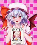  ascot bat_wings blonde_hair blouse blue_hair bow character_name checkered checkered_background closed_eyes commentary engrish fang flandre_scarlet hair_ribbon hat hat_ribbon highres index_finger_raised looking_at_viewer misumo mob_cap no_hat no_headwear open_mouth puffy_short_sleeves puffy_sleeves ranguage red_eyes remilia_scarlet ribbon short_hair short_sleeves side_ponytail slit_pupils solo sweat touhou wanted wings 