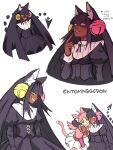  2girls animal_ears arm_around_neck artist_name averting_eyes bell bell_ear_ornament black_dress black_hair cat_ears cat_girl collar commentary cowboy_shot cropped_torso dark-skinned_female dark_skin deltarune dress english_commentary english_text entomaggedon evil_grin evil_smile finger_to_mouth friend_(deltarune) friend_(deltarune)_(entomaggedon) grid_teeth grin heterochromia highres hug long_hair looking_at_another looking_to_the_side mad_mew_mew multiple_girls multiple_views personification pink_dress pink_eyes smile sweat tail upper_body utdr_(toby_fox) very_long_hair white_background white_collar yellow_eyes 