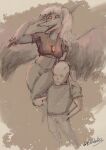 abstract_background absurd_res amber_(gem) amber_(material) anon_(snoot_game) anthro artist_name bald bone_frill bottomwear canon_couple carrying_another cavemanon_studios clothed clothed_anthro clothed_female clothed_human clothed_male clothing crop_top duo eddodoodle elbow_feathers fang_(gvh) feathered_wings feathers female frill_(anatomy) front_view goodbye_volcano_high hair happy hi_res high-angle_view human human_on_anthro interspecies jewelry ko_op_(game_developer) long_hair male male/female mammal midriff necklace one_eye_closed open_mouth open_smile orange_eyes pants prehistoric_species pterosaur reptile restricted_palette romantic romantic_couple scalie shaded shirt sitting_on_shoulder sketch smile snoot_game text topwear warm_colors wings