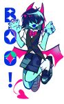  0916psy 1other absurdres black_shoes blue_hair blue_nails blue_skin blue_tongue bow colored_skin colored_tongue commentary deltarune demon_horns demon_tail demon_wings english_text fang fangs fingernails hair_over_eyes heart highres horns korean_commentary kris_(dark_world)_(deltarune) kris_(deltarune) nail_polish open_mouth paw_pose pink_bow pink_horns shirt shoes short_hair simple_background skin_fang skin_fangs smile socks tail tongue utdr_(toby_fox) vest waistcoat white_shirt white_socks wings 