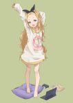  1girl absurdres arm_behind_head arm_up bag_of_chips bare_legs barefoot black_bow black_hairband blonde_hair blue_eyes bow bow_hairband chips_(food) clothes_writing commentary_request computer controller eyelashes feet food forehead full_body game_controller green_background hairband half-closed_eye highres hood hoodie kurumi_(lycoris_recoil) laptop long_hair long_sleeves looking_at_viewer lycoris_recoil open_mouth oversized_clothes pillow poe_(528yuzunon) potato_chips print_hoodie puffy_long_sleeves puffy_sleeves sidelocks simple_background sleeves_past_wrists solo squirrel_print standing stretching teeth toes upper_teeth_only very_long_hair wavy_hair white_hoodie 