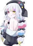  1girl bare_back bare_shoulders beret black_hat black_jacket bow colored_tips commentary_request hair_bow hat heterochromia jacket jacket_partially_removed jogasaki_noah long_hair long_sleeves looking_at_viewer looking_back mahou_shoujo_no_majo_saiban multi-tied_hair multicolored_hair naked_jacket off_shoulder polka_dot polka_dot_bow red_eyes ribbon ritu_(xxoxx_01a) simple_background solo streaked_hair tongue tongue_out upper_body white_background white_hair yellow_eyes 