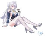 1girl 2026 absurdres arm_support ascot bare_shoulders black_gloves blue_dress breasts clothing_cutout commentary_request dated dress earrings folded_fan folding_fan gloves grey_hair grey_shoes hand_fan highres holding holding_fan invisible_chair jewelry jidijichengren large_breasts long_hair looking_at_viewer mole mole_under_mouth parted_lips pointy_ears purple_eyes shoes shoulder_cutout simple_background sitting solo thighhighs velina_airgid white_background white_thighhighs yellow_ascot zenless_zone_zero 