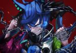  1girl @_@ absurdres ahoge animal_ears aqua_hair blue_eyes blue_hair bow broken broken_chain chain clenched_hands clenched_teeth commentary_request crossed_bangs drawstring glowing glowing_eye grin hair_bow hasewo heterochromia highres hood hoodie horse_ears horse_girl long_hair long_sleeves looking_at_viewer multicolored_hair multicolored_hoodie purple_eyes red_background sharp_teeth sidelocks smile solo striped_bow stuffed_animal stuffed_rabbit stuffed_toy teeth twin_turbo_(blast_mode!_turbo_engine)_(umamusume) twin_turbo_(umamusume) twintails two-tone_hair umamusume upper_body 