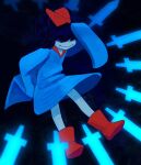  1girl aqua_(deltarune) aqua_dress aqua_skin black_hair blue_skin bow colored_skin commentary covered_eyes deltarune dress english_commentary floating floating_knives floating_object floating_weapon full_body glowing_knife hair_bow hair_wings head_bow highres knife mutantshrimp red_bow red_shoes shoes short_side_ponytail side_ponytail sleeves_past_fingers sleeves_past_wrists smile solo too_many too_many_knives utdr_(toby_fox) 