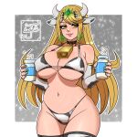  1girl absurdres animal_ears animal_print artist_logo bell bikini blonde_hair blush bottle breasts brown_eyes cleavage cow_ears cow_horns cow_print cow_print_bikini cow_print_gloves cow_print_thighhighs cowbell elbow_gloves fake_animal_ears fake_horns gloves groin highres holding holding_bottle horns jayladair large_breasts logo long_hair looking_at_viewer mythra_(xenoblade) navel neck_bell print_bikini print_gloves print_thighhighs shadow smile solo stomach swimsuit thighhighs xenoblade_chronicles_(series) xenoblade_chronicles_2 