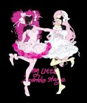  2girls alien_stage ankle_scrunchie bandana bare_shoulders black_background bow colored_skin commentary cosplay curly_hair dress dress_bow english_text fluttershy gloves hair_bow highres leg_up long_hair mizi_(alien_stage) mizi_(alien_stage)_(cosplay) mizi_(zombie_stage) multiple_girls multiple_hair_bows my_little_pony outstretched_arms parody pink_dress pink_hair pink_skin pinkie_pie scrunchie strapless strapless_dress sua_(alien_stage) sua_(alien_stage)_(cosplay) sua_(zombie_stage) svs0_s0_s title_parody very_long_hair white_bandana white_dress white_gloves yellow_skin zombie_stage 