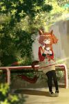  1girl absurdres animal_ears aston_machan_(flare)_(umamusume) aston_machan_(umamusume) black_bow black_bowtie black_thighhighs blush bow bowtie breasts brown_hair character_doll commentary crown doll green_eyes hair_ornament hair_scrunchie highres holding holding_doll horse_ears horse_girl horse_tail ieatgar jacket long_sleeves looking_at_viewer mini_crown on_railing outdoors railing red_sash red_scrunchie red_sleeves sash scrunchie shirt shoes shoulder_sash skirt solo tail thighhighs tilted_headwear umamusume white_jacket white_shirt white_shoes white_skirt 