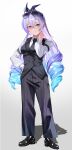  1girl absurdres alternate_costume black_pants black_shoes black_vest blue_hair breasts buttons closed_mouth collared_shirt commentary_request crossed_bangs double-breasted drill_hair eyewear_on_head full_body gradient_background gradient_hair grey_eyes grey_hair hair_between_eyes hair_ornament hair_ribbon hand_on_own_hip hand_on_own_neck hand_up highres honkai:_star_rail honkai_(series) long_hair long_sleeves looking_at_viewer medium_breasts miya-chan_(lightning0730) multicolored_hair pants ribbon shirt shoes silver_wolf_(honkai:_star_rail) simple_background solo striped_clothes striped_pants sunglasses very_long_hair vest waistcoat white_shirt 