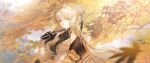  1girl absurdres black_gloves blonde_hair breasts chinese_commentary closed_mouth commentary_request dress folded_fan folding_fan game_asset gloves hair_intakes hair_ornament hairclip hand_fan hand_up highres holding holding_fan large_breasts logo long_hair looking_at_viewer official_art outdoors parallel_hairclips parted_bangs smile solo suisui_(wuthering_waves) tacet_mark_(wuthering_waves) upper_body white_dress wuthering_waves yellow_eyes 