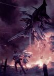  1boy 1girl blonde_hair concept_art explosion fire flying full_body gigi_andalusia gun gundam gundam:_hathaway's_flash hathaway_noa highres holding holding_gun holding_weapon mecha mobile_suit pablo_uchida penelope_(hathaway's_flash) robot running science_fiction war weapon 