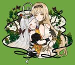  2girls absurdres ahoge bare_shoulders belly_chain black_gloves blonde_hair blush bracelet braid branch breasts brown_eyes butterfly_hair_ornament cleavage closed_eyes commentary_request demeter_(fate) demeter_(first_ascension)_(fate) detached_sleeves dress earrings fate/grand_order fate_(series) gloves gold_collar green_background grey_hair grin hair_ornament hairband head_wreath highres hoop_earrings hug huge_ahoge jewelry large_breasts long_hair mother_and_child mother_and_daughter multiple_girls official_artist_extra open_mouth parent_and_child persephone_(fate) sash small_breasts smile sumisu_(rinsumi) very_long_hair white_dress yellow_eyes yellow_sash 