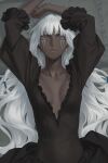  1girl alternate_costume black_dress brigitta_(metaphor:_refantazio) collarbone commentary dark-skinned_female dark_skin dress facial_mark fingernails highres lips long_hair lying metaphor:_refantazio miura-n315 on_bed parted_lips pillow pink_lips solo wavy_hair white_hair 