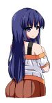  1girl ass bare_shoulders blue_eyes blue_hair blush breasts brown_skirt closed_mouth from_behind game_asset hair_between_eyes ikeda_(kasutera) large_breasts large_variant_set layered_clothes long_hair long_sidelocks looking_at_viewer looking_back lowres non-web_source off-shoulder_shirt off_shoulder official_art pixel_art pleated_skirt self-datamine shirt short_sleeves sidelocks simple_background skirt smile solo standing summer_memories tachi-e tank_top transparent_background variant_set white_shirt yui_(summer_memories) 