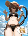 2girls :3 :d absurdres alternate_costume animal_ear_fluff animal_ears artist_name bikini black_bikini blonde_hair blood blue_sky blush blush_stickers bow breasts brown_hair brown_hat cat_cutout cat_ears cat_tail chen claw_pose closed_eyes clothing_cutout cloud commentary cowboy_shot day fox_ears fox_girl frilled_bikini frills from_below hair_between_eyes hands_up hat hat_bow hat_ribbon highres looking_at_viewer medium_breasts multiple_girls multiple_tails navel nekomata no_pupils nosebleed open_mouth outdoors own_hands_together red_bow red_eyes red_ribbon ribbon short_hair side-tie_bikini_bottom sky smile solo_focus speech_bubble standing stomach sun_hat swimsuit tail tail_raised thighs touhou twitter_username two_tails untranslatable_commentary variant_set yakumo_ran yamabikoyahoo 