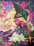  black_eyes blue_eyes blush blush_stickers candy candy_wrapper cape commentary_request cookie eevee food fuecoco furry green_fur green_hair happy hat highres holding holding_unworn_clothes holding_unworn_hat licking licking_food lollipop marshmallow mask meowscarada meowscarada_(halloween) one_eye_closed open_mouth pikachu pink_eyes pokemon pokemon_(creature) pokemon_cafe_remix quaxly runachikku sparkle sparkling_eyes sprigatito standing star_(symbol) tongue tongue_out unworn_hat unworn_headwear wrapped_candy 