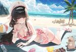  1girl artistic_error ball beachball beret bikini bikini_skirt black_hair blue_sky blush breasts chisa_(peach_parfait)_(wuthering_waves) chisa_(wuthering_waves) cleavage closed_mouth commentary_request day fingernails food hair_intakes hair_ribbon hairband hat highres korean_commentary large_breasts long_fingernails long_hair looking_at_viewer lying md5_mismatch nail_polish namipon_(wuthering_waves) official_alternate_costume on_side outdoors pink_nails pink_ribbon pocky red_eyes resolution_mismatch ribbon rubber_duck sand_castle sand_sculpture sandals see-through_clothes see-through_skirt skirt sky smile solo sonchi source_smaller swimsuit toenail_polish toenails toes very_long_fingernails white_hairband white_hat white_skirt wrong_foot wuthering_waves 