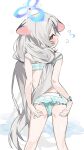  1girl animal_ears ass bikini bikini_skirt black_streaks blue_archive braid gingham_bikini gingham_clothes grey_hair halo kokona_(blue_archive) kokona_(swimsuit)_(blue_archive) long_hair low_twin_braids measho multicolored_hair official_alternate_costume solo standing streaked_hair swimsuit tiger_ears tiger_girl twin_braids very_long_hair 