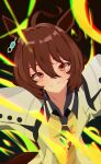  1girl absurdres agnes_tachyon_(tach-nology)_(umamusume) agnes_tachyon_(umamusume) ahoge animal_ears black_necktie blush brown_hair chemical_structure closed_mouth coat commentary earrings hair_between_eyes highres horse_ears horse_girl horse_tail ieatgar jewelry lab_coat long_sleeves necktie red_eyes shirt short_necktie single_earring sleeves_past_fingers sleeves_past_wrists smile solo sweater sweater_vest tail umamusume white_coat yellow_sweater yellow_sweater_vest 